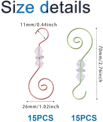 INCREWAY 30PCS Christmas Ornament Hooks with Diamond Shaped Beads, S-Shaped Decorative Hangers Metal Wire Clear Crystal Beads for Christmas Tree Decorations Party Crafts Door Frame, Red and Green - Image 2