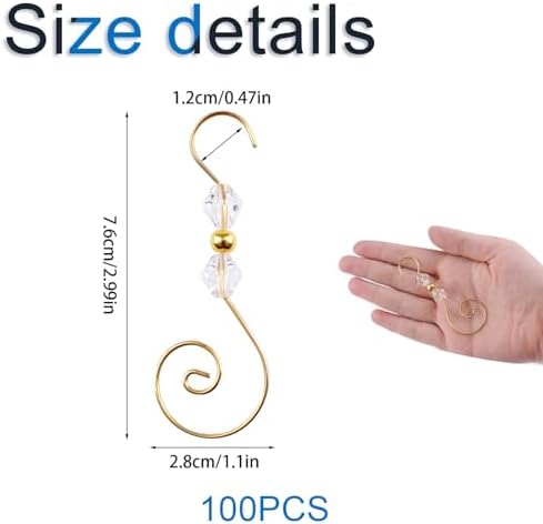 INCREWAY 100PCS Christmas Ornament Hooks, S-Shaped S-Shaped Hangers, Decorative Hooks with Crystal Beads for Hanging Ornaments, Christmas Stockings (Golden) - Image 2