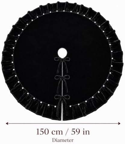 Black Velvet Christmas Tree Skirt 60 Inch – Pearl Beaded Ruffle Trim Xmas Tree Skirt with Bows, Festive Christmas Tree Base Cover for Holiday Party Home Decorations - 150cm - Image 6