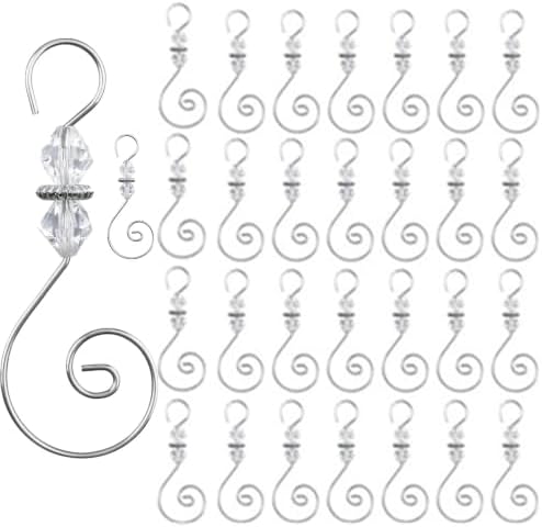 30 Pcs Christmas Ornament Hooks, S-Shaped Decorative Hangers with Crystal Beaded, Metal Wire Hooks for Christmas Tree Decorations, Suncatcher & Party Crafts (Silver & Crystal Beads) by Unknown