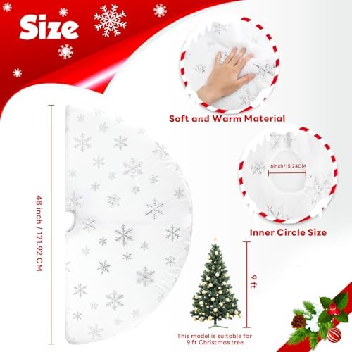 Christmas Tree Skirt 48 Inch, Holiday Part Decorations for Christmas Tree, Whit Plush Sliver Sequin Snowflake Tree Shirt for Xmas - Image 2