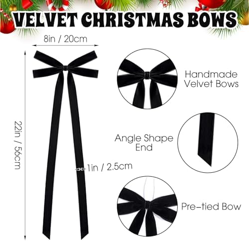 10 Pcs Black Velvet Bows 22"x8" Pre-Tied Christmas Ornaments - Image 2