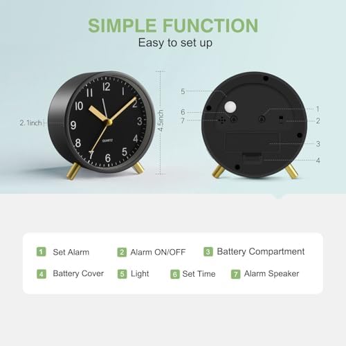 Analog Alarm Clock, Silent Non-Ticking with Night Light, Fashionable Round Metal Alarm Clock for Office, Battery Operated, Clock for Bedroom, Elderly, Adults, Children, Student Gifts - Image 5
