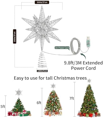 Lewondr Christmas Star Tree Topper, 14.6" Lighted Glitter 3D Star Treetop - Image 5