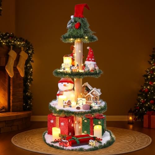 Christmas Tree Xmas Display Stand with Snow Blanket Garland and String Light DIY Wooden Village Display Shelves for Holiday Decoration(4 Tier, 4 ft) by Realspring
