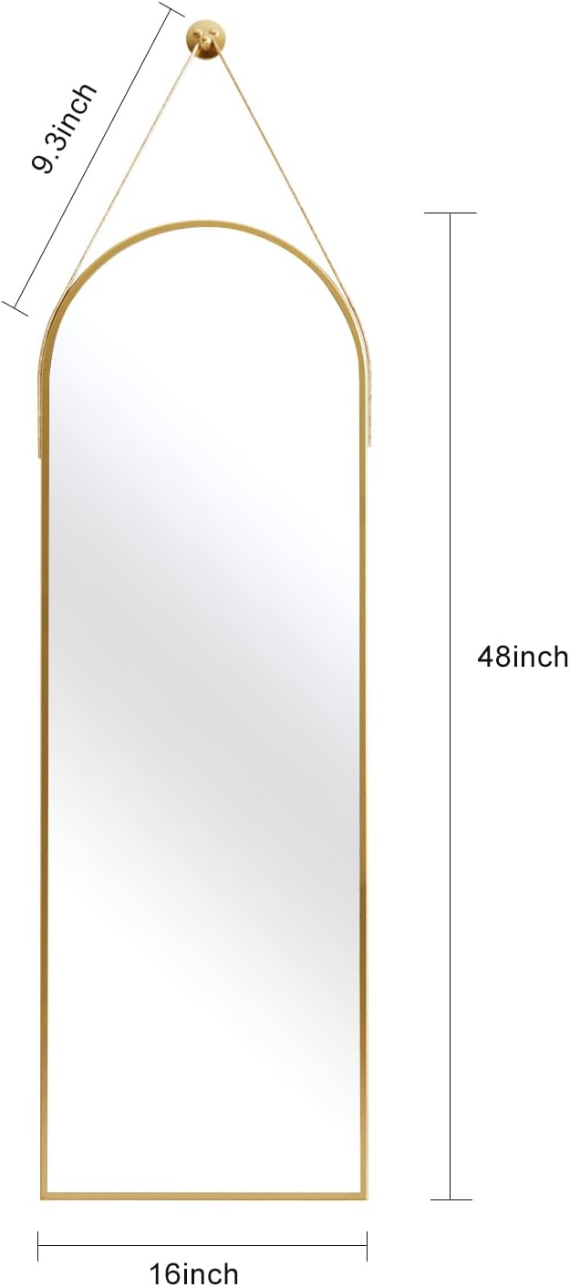 OGCAU 48'' x 16'' Full Length Mirror Wall-Mounted, Full Body Hanging Mirror for Wall and Door in Bedroom, Living Room, Arched-top with Straps, Hanging with Aluminum Alloy Frame (Gold)