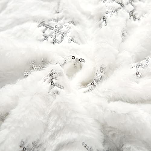 Sattiyrch Sequin Christmas Tree Skirt with Silver Snowflakes,Faux Fur White Soft Christmas Decorations for 10ft 12ft Xmas Tree (Silver Sonwflakes,59in) - Image 2