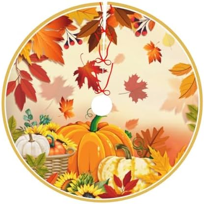 Maple Leaves Pumpkin Autumn Christmas Tree Skirt 30" for Xmas Halloween New Year Holiday Party Home Tree Mat Decor Ornaments Decoration by Majoug