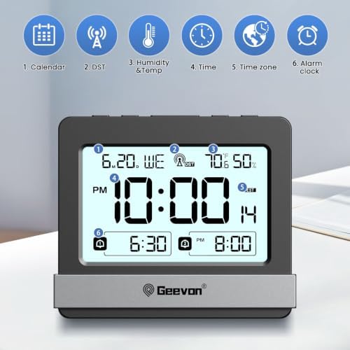 Geevon Atomic Travel Alarm Clock with Indoor Temperature and Humidity | Auto DST Digital Desk Clock Portable Battery Operated with 2 Alarms, Snooze, Light, 3.7" Display for Bedroom Office Study - Image 3