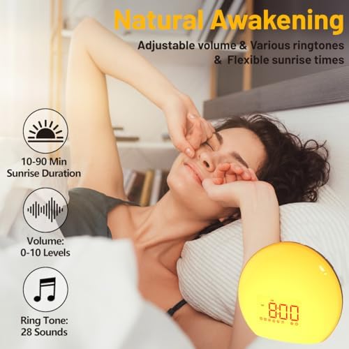Magicteam Sunrise Alarm Clock Wake Up Clock Natural Sunset Simulation 21 Soothing Sounds Dual Alarm 6 Times Snooze 28 Ringtones Dimmable 12 Colors Night Light 10 Timer Options Adjustable Volume - Image 3