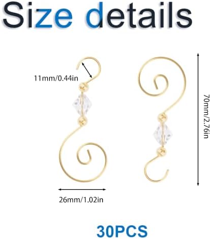 INCREWAY 30PCS Christmas Ornament Hooks with Diamond Shaped Beads, S-Shaped Decorative Hangers Gold Metal Wire Clear Crystal Beads for Christmas Tree Decorations Party Crafts Door Frame - Image 2