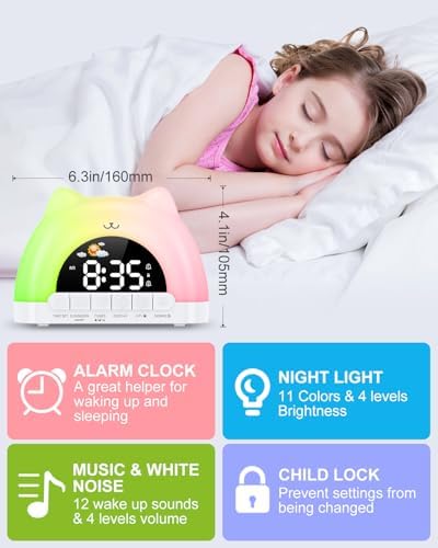 Kids Alarm Clock, Wake Up Clock with 11 Colors Night Light, Toddlers Sleep Training Clocks with 10 Ringtones, Brightness Adjustment, Dual Alarms Plug in OK to Wake Clocks for Girls Boys - Image 3