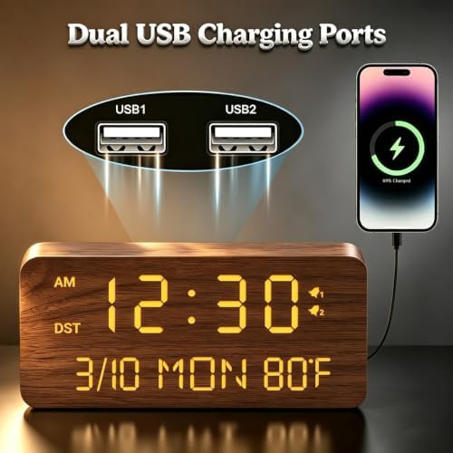 Premium Brown Wooden Digital Alarm Clock with Wireless Phone Charger, Dual USB Charging Ports, Dimmable LED Display, Date and Day of Week, Small Digital Desk Clock for Bedroom Nightstand Bedside Table - Image 3