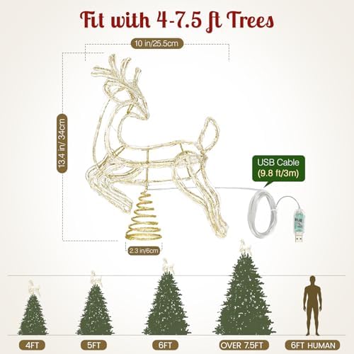 Luxspire Christmas Tree Topper, 3D Deer Lighted Tree Topper with USB Plug-in & Remote Control, Light Up Xmas Vintage Modern Ornaments Decor Lights for Home Party, Crystal Reindeer-Gold - Image 2