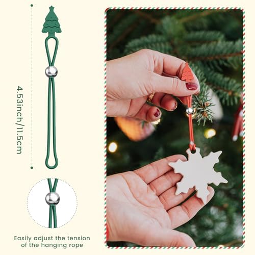 Christmas Ornament Hooks,12 Pcs Silicone Ornament Hangers and Strings for Christmas Tree, Holiday Party Hanging Decorations Ropes, Gift Wrapping Ribbon - Green - Image 3