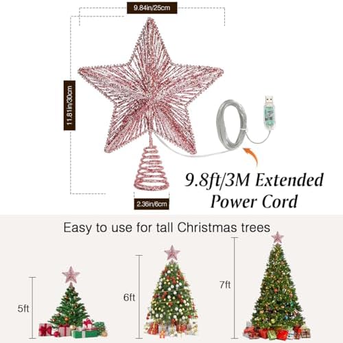 Lewondr Lighted Christmas Star Tree Topper with Remote & Timer, Pink - Image 4