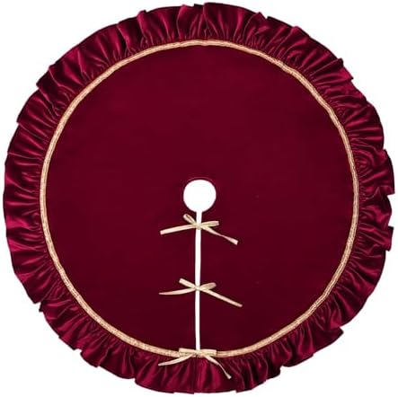 Bunny Chorus Christmas Tree Skirt: 48 Inch Large Luxury Wine Red Velvet Plush Fur Ruffled Christmas Tree Skirts with Gold Trim and Bow, Vintage Royal Decorations for Xmas Home Indoor Decor - Image 2