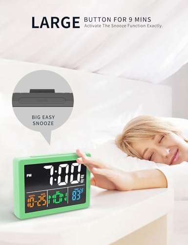 JALL Digital Clock with Date Day for Seniors, Electric Alarm Clocks for Bedrooms with Temperature, 2 Alarms, Dimmer, Dual USB Charger, Battery Backup, Volume Control, Snooze, Bedside Desk Clock, Green - Image 3