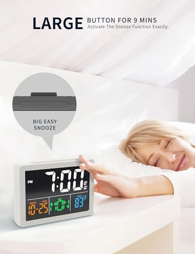 JALL Digital Clock with Date Day for Seniors, Electric Alarm Clocks for Bedrooms with Temperature, 2 Alarms, Dimmer, Dual USB Charger, Battery Backup, Volume Control, Snooze, Bedside Desk Clock, White - Image 3