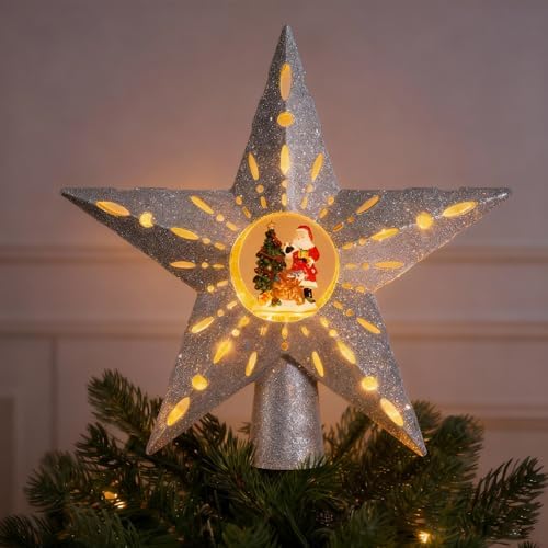 Silver Rotating Christmas Tree Topper Star with Santa Scene, 4 Warm Yellow LED Lights, Spinning Motion, Glitter Silver Finish, Tree Decoration with 9.8FT Power Cord for Holiday Home Decor - Image 2