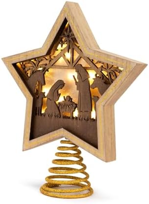 DEMDACO Lit Star Nativity Tree Topper, Gold Wooden Star, 10 x 8.5 in - Image 2