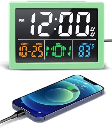 JALL Digital Clock with Date Day for Seniors, Electric Alarm Clocks for Bedrooms with Temperature, 2 Alarms, Dimmer, Dual USB Charger, Battery Backup, Volume Control, Snooze, Bedside Desk Clock, Green by JALL