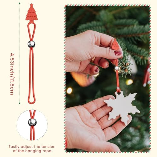 Christmas Ornament Hooks,12 Pcs Silicone Ornament Hangers and Strings for Christmas Tree, Holiday Party Hanging Decorations Ropes, Gift Wrapping Ribbon - Red - Image 3