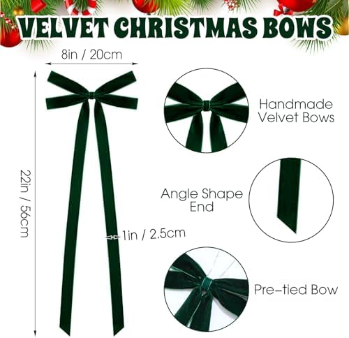 10 Pcs Green Velvet Bows 22"x8" Pre-Tied Christmas Ornaments - Image 3