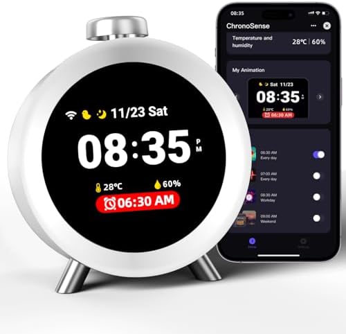 Dekala ChronoSense Smart Alarm Clock for Bedroom Temperature Humidity, 7-Day Programmable 4 Alarms, 100dB Loud Gradual Alarm for Heavy Sleeper, Hourly Chime, White Noise Sound Machine, App Control by Dekala