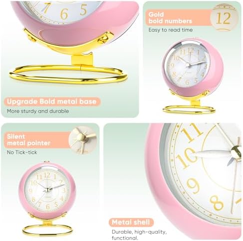 Analog Alarm Clocks,Retro Backlight Cute Simple design Small desk Clock With Night Light,Silent Non-Ticking,Battery Powered,For Kids,teens,Bedroom,travel,kitchen,Bedside Desk decor. (Light pink) - Image 4