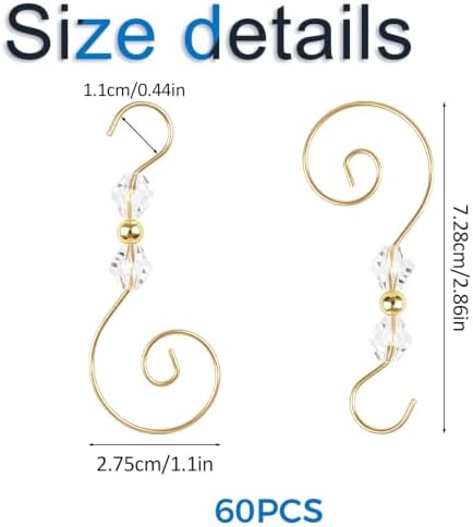 INCREWAY Wire Clear Diamond Bead Hooks, Christmas Ornament Hangers for Tree Garland Wreath Window, Festive Hanging Hooks with Faceted Crystal Bead, 60pcs, Gold - Image 2