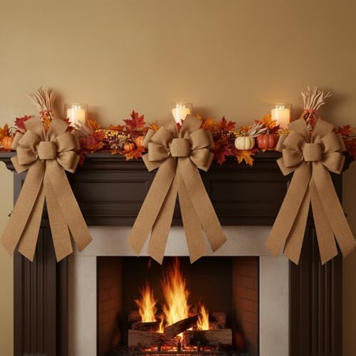 Dark Beige Large Bow for Wreath Tree Topper 11x21 Inch Linen Texture Wired Ribbon Big Bows for Front Door Rustic Farmhouse Vintage Decor Gift - Image 6