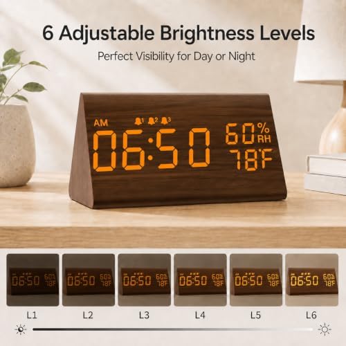 JALL Wooden Digital Alarm Clock for Bedrooms and Office, 3 Alarms with Big Digits, Humidity and Temperature Display, 6-Level Dimmer, Snooze, Loud Desk Clock for Heavy Sleepers, Plug in (Brown) - Image 3