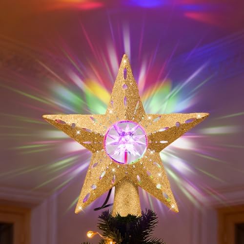 Gold Rotating Christmas Tree Topper Star with RGB LED Lights, 3D Crystal Diamond Center, Spinning Projection, Glitter Design Tree Decor with Power Cord for Holiday, Party, Christmas Celebration by IPOW