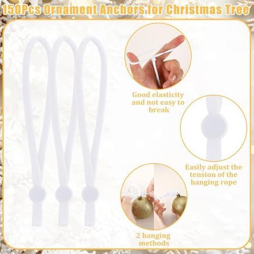 JUNEBRUSHS 150Pcs Ornament Hangers for Christmas Tree, Adjustable Ribbon Hangers Christmas Ties String Ribbon Loops for Ornament Hanging Tree Decorations, White - Image 2