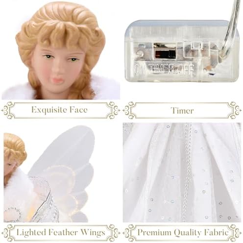 Valery Madelyn Lighted Christmas Tree Topper Angel with Timer, 12 Inch White and Silver Fabric Small Angel Tree Topper with Lights for Christmas Tree Decoration Indoor, Battery Operated - Image 4