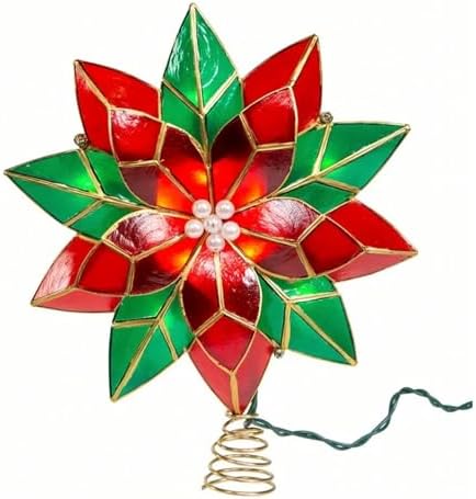 Kurt Adler 10-Light LED Capiz Poinsettia Tree Topper, Red & Green, 9.5" by KurtSAdler