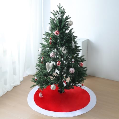 48" Red Plush Christmas Tree Skirt with White Border - Image 4