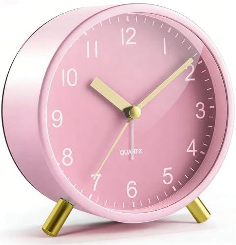 Analog Alarm Clock, Silent Non-Ticking with Night Light, Fashionable Round Metal Alarm Clock for Office, Battery Operated, Bedroom, Elderly, Adults, Children, Back to School Gifts by Unknown