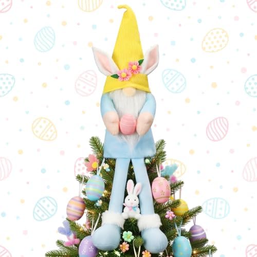 Soulchen 21 Inch Large Easter Bunny Tree Topper Decoration Plush Gnomes with Bunny Ears & Hugged Egg Cute Spring Tree Ornaments for Basket Stuffers Easter Home Decor Party Supplies by Soulchen