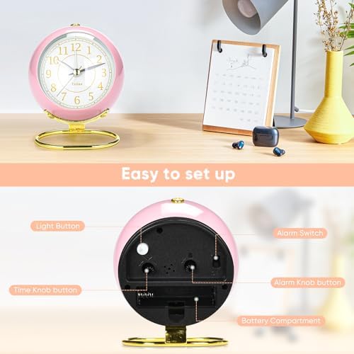 Analog Alarm Clocks,Retro Backlight Cute Simple design Small desk Clock With Night Light,Silent Non-Ticking,Battery Powered,For Kids,teens,Bedroom,travel,kitchen,Bedside Desk decor. (Light pink) - Image 6