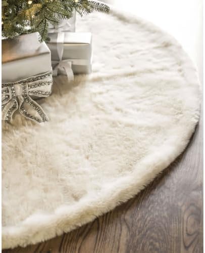 Balsam Hill Lodge Faux Fur Christmas Tree Skirt - Premium Rustic and Luxurious Fur Accents in Brown and Ivory for Tree Decor, Ivory, 60" by BalsamHill