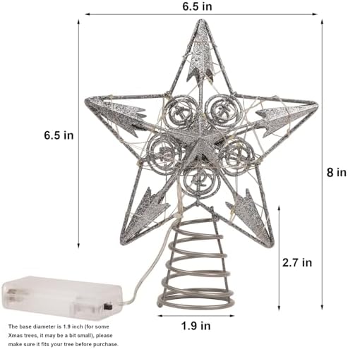 Juegoal Star Tree Topper with 20 LED Lights, Metal Silver Lighted Treetop Ornaments, Battery Powered Light Up Christmas Tree Decorations, 6.5 x 6.5 Inches - Image 2