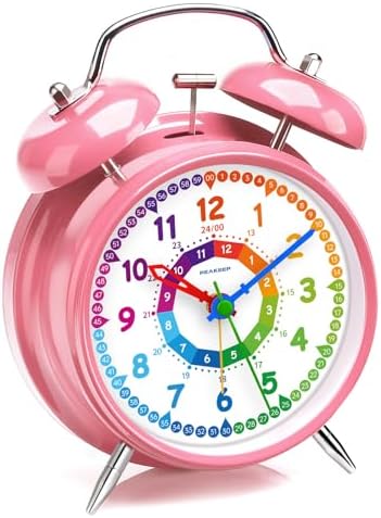 Peakeep Learning Clock for Kids Time Teaching, Loud Alarm to Wake Up | 4.5" Twin Bell Alarm Clock Battery Operated for Teenagers Kids, Kids' Room (Pink) by PEAKEEP