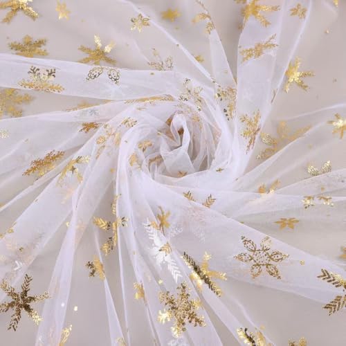 Winter Wonderland Snowflake Decorations, 59" x 119" Multi Color Foil Organza Tablecloth, Christmas Tree Skirt (White+Gold) by SUJAYU