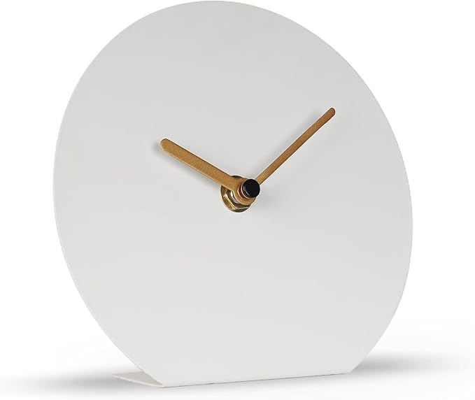 SOFFEE DESIGN 6'' One-Piece Table Clocks Without Scale Modern Minimalist Style Decoration, Iron Silent Quartz Desk Clock Creative Ornaments, Battery Operated Non Ticking for Home, White