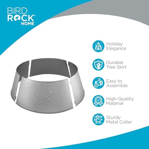 BIRDROCK HOME 4-Panel Christmas Tree Collar - Metal Holiday Skirt Decor - Water Base Protection from Pets (Silver - Hammered) - Image 2