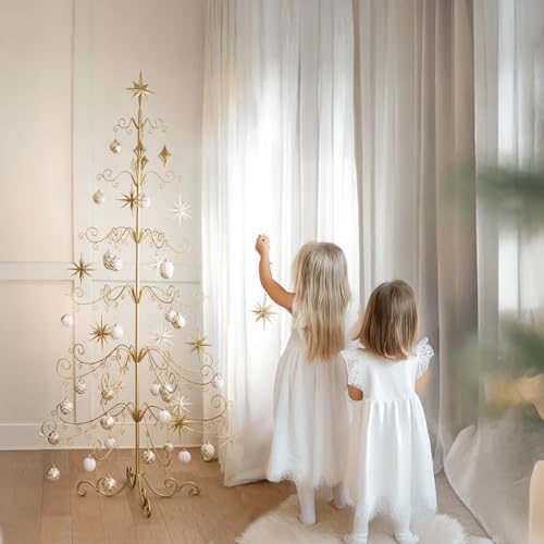 Barton 6.4ft Wrought Iron Ornament Display Christmas Hooks for Ornaments Small Craft Items Tree Easy Assembly and Stand - Gold - Image 3