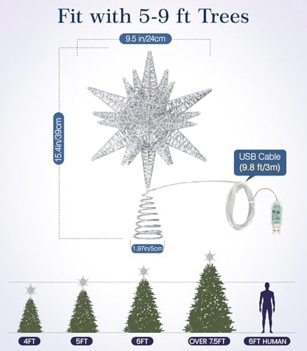 Luxspire Christmas Tree Topper, 3D Lighted Star Tree Topper with USB Plug-in & Remote Control, 9.6" Christmas Tree Star Lights for Home Holiday Decor, 6H Timer & 8 Lighting Modes, Silver - Image 5