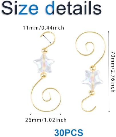 INCREWAY 30PCS Christmas Ornament Hooks with Pentagram Bead, S-Shaped Decorative Hangers Gold Metal Wire Transparent Acrylic Beads for Christmas Tree Decorations Party Crafts Door Frame - Image 2
